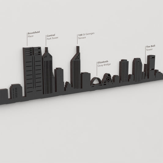 Skyline Perth – detalle de Brookfield Place en madera negra.