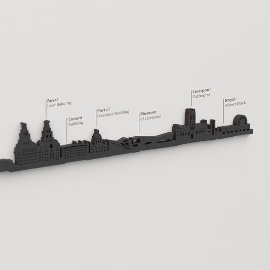 Skyline Liverpool – detalle de Royal Liver Building en madera negra.