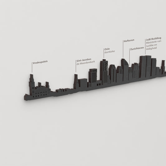 Skyline La Haya – detalle de Vredespaleis en madera negra.
