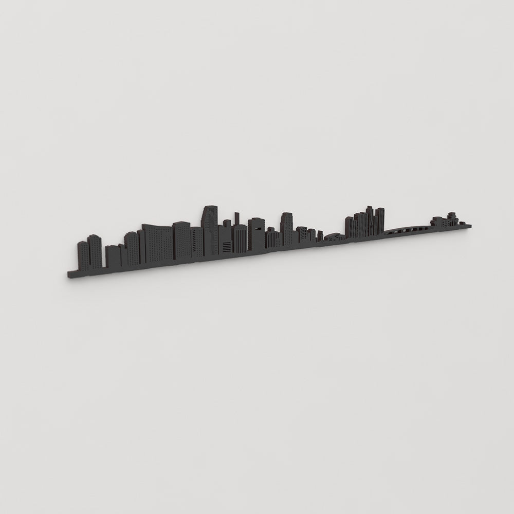 Perspectiva lateral del skyline Miami en madera negra.