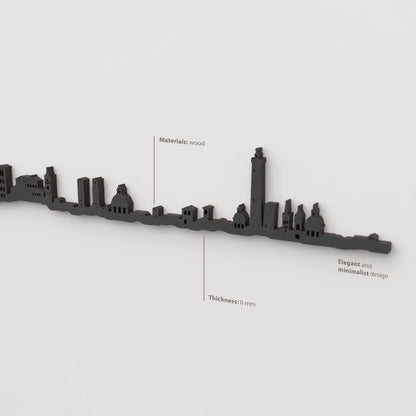 Decoración de pared con la silueta del skyline de Bologna color negro.