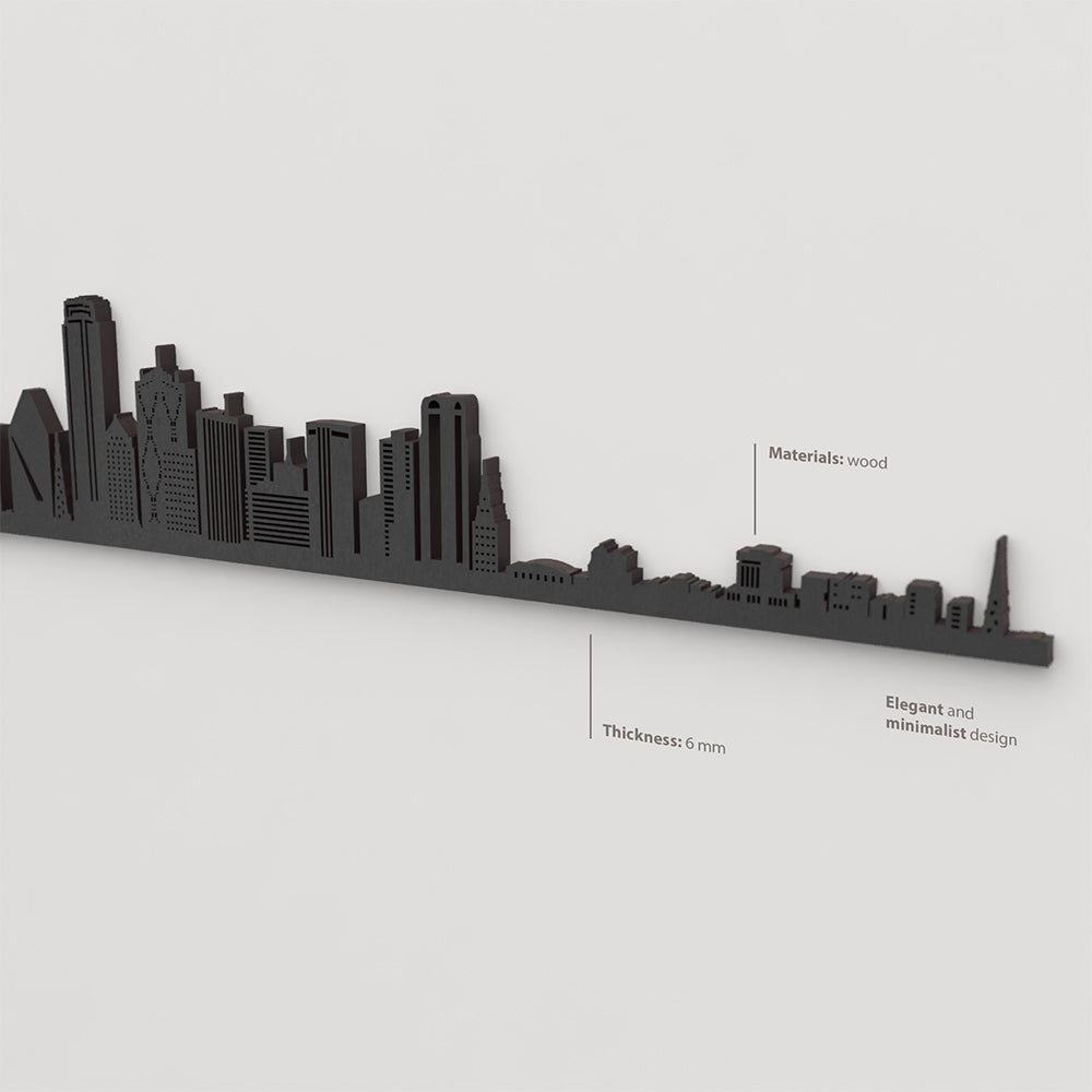 Acabado lacado negro del skyline Dallas en madera.