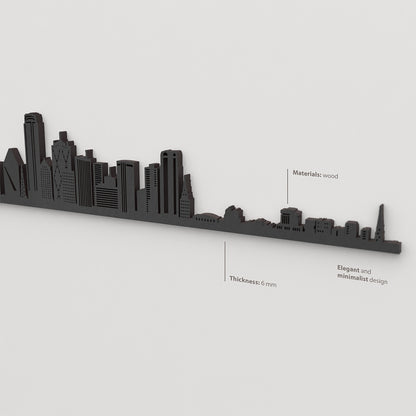 Acabado lacado negro del skyline Dallas en madera.