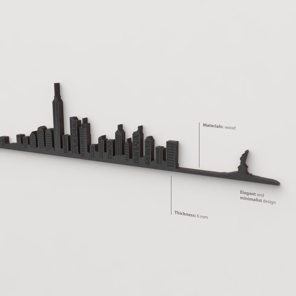Acabado lacado negro del skyline New York en madera.