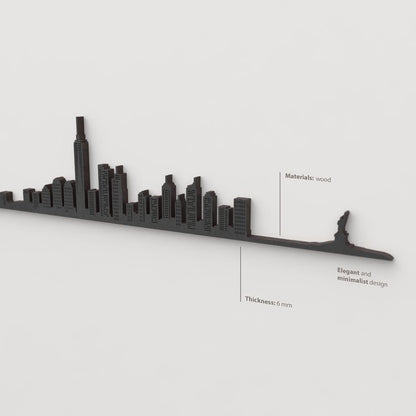 Acabado lacado negro del skyline New York en madera.