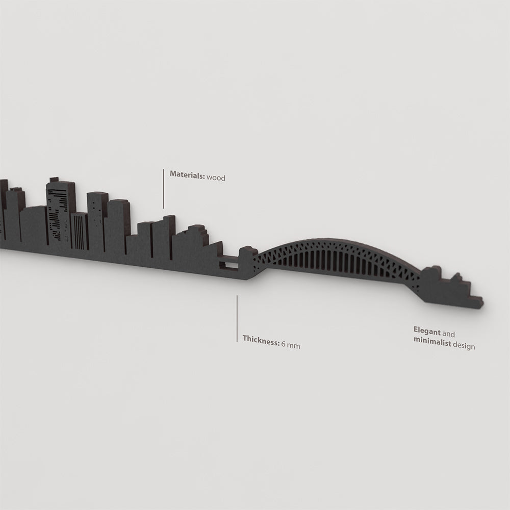 Acabado lacado negro del skyline Sidney en madera.