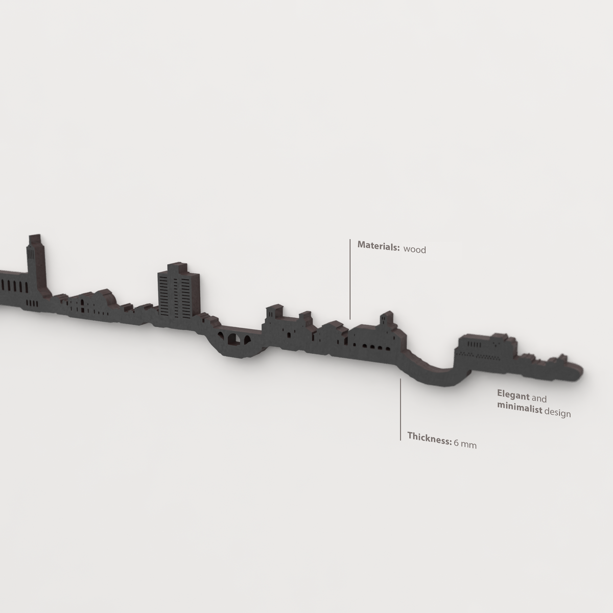 Decoración de pared con la silueta del skyline de Terrassa color negro.
