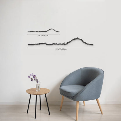 Comparativa de tamaños 50 cm y 100 cm del skyline de Dénia en decoración de salón.