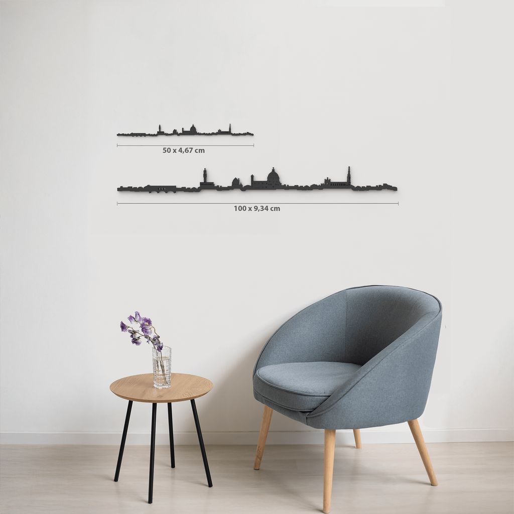 Comparativa de tamaños 50 y 100 cm del skyline de Florencia decorando una pared de salón.
