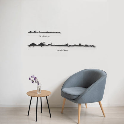 Comparativa de tamaños 50 cm y 100 cm de la silueta de Cádiz en una pared de salón.