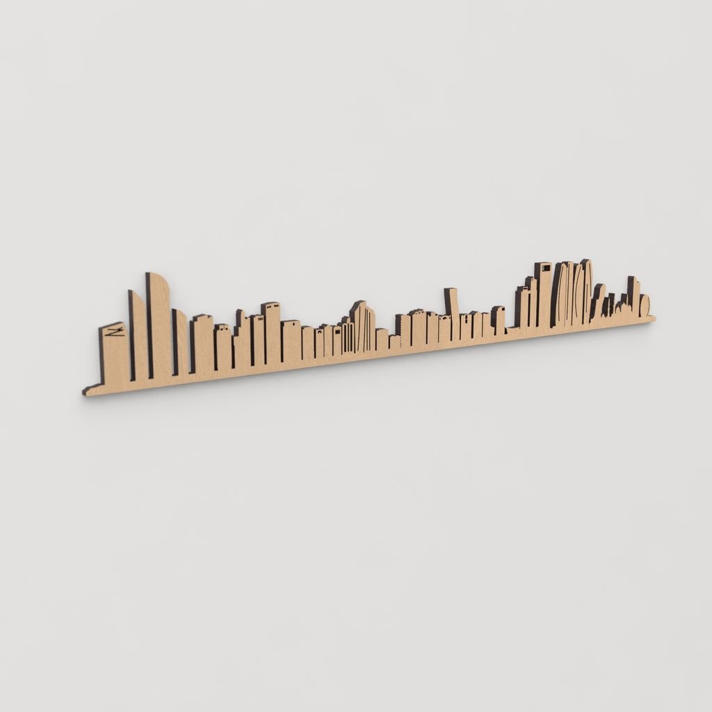 Skyline Abu Dabi en madera, decoración de pared elegante y moderna.
