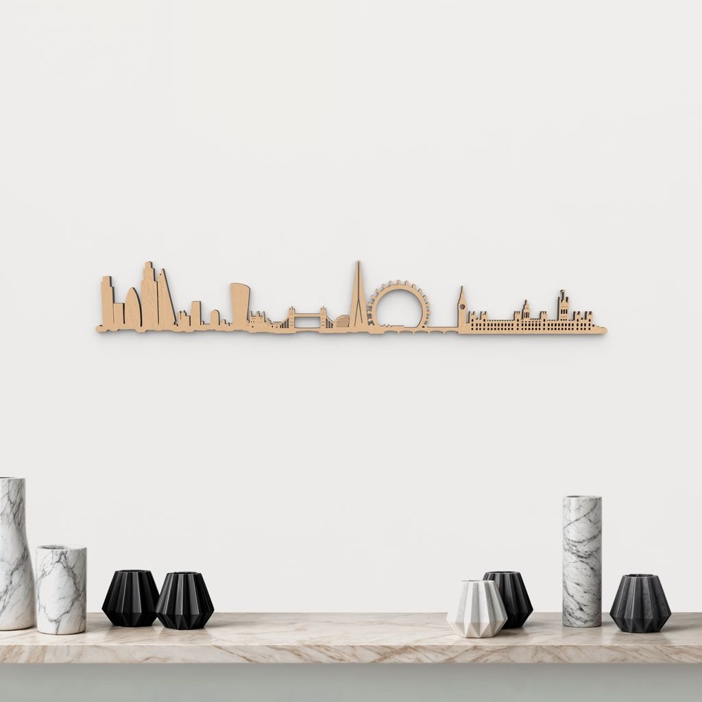 Silueta skyline de Londres en madera color marrón para decoración mural.