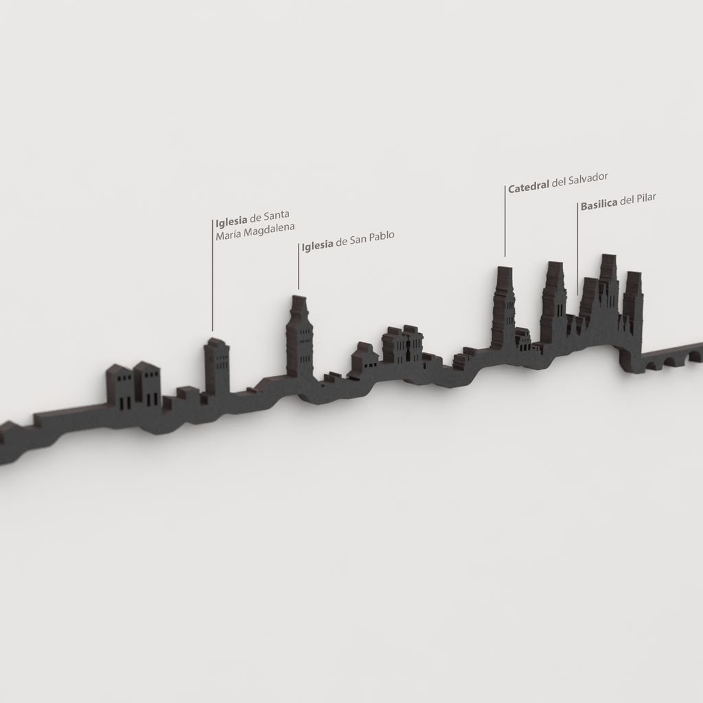 Detalle de la Basílica del Pilar en la silueta de madera del skyline de Zaragoza.