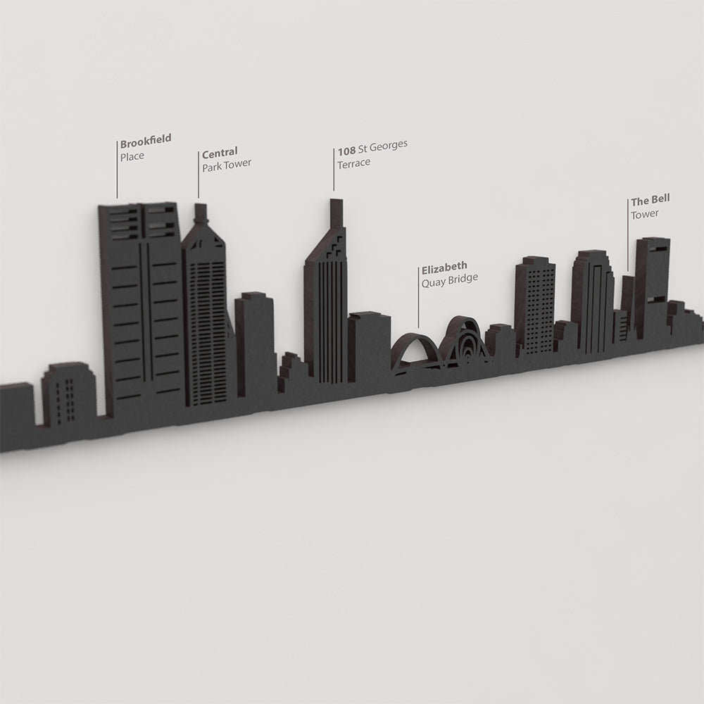 Skyline Perth – detalle de Brookfield Place en madera negra.