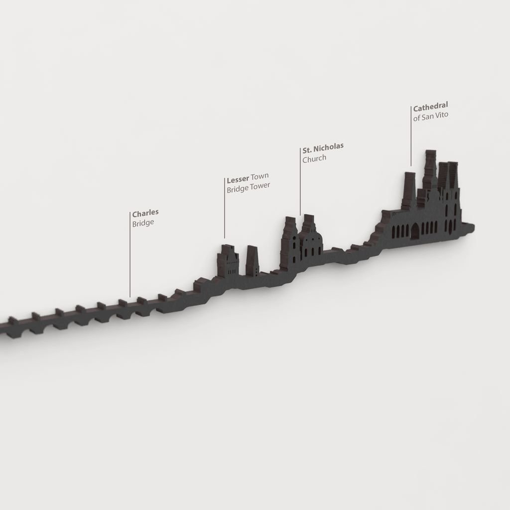 Skyline Praga – detalle de Charles Bridge en madera negra.
