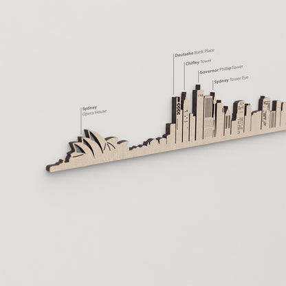 Skyline Sidney – primer plano de Chifley Tower en madera natural.