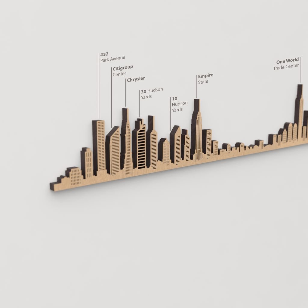 Skyline New York – detalle del Empire State en madera marrón.