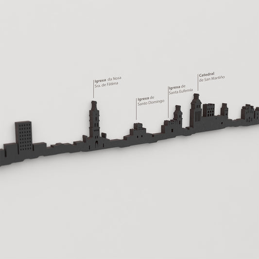 Skyline Ourense – detalle de Igrexa da Nosa Sra. de Fátima en madera negra.
