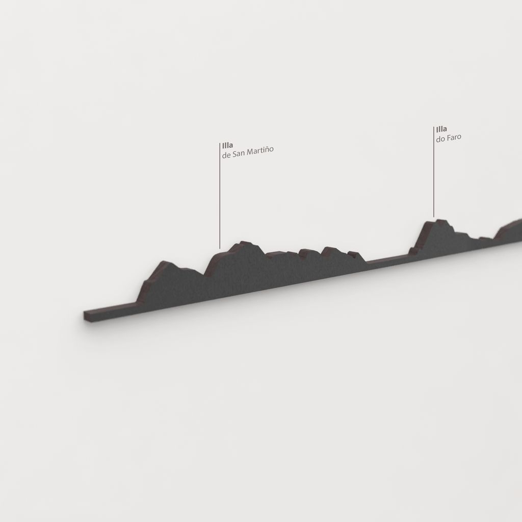Skyline Islas Cíes – detalle de la Illa de San Martiño en madera negra.
