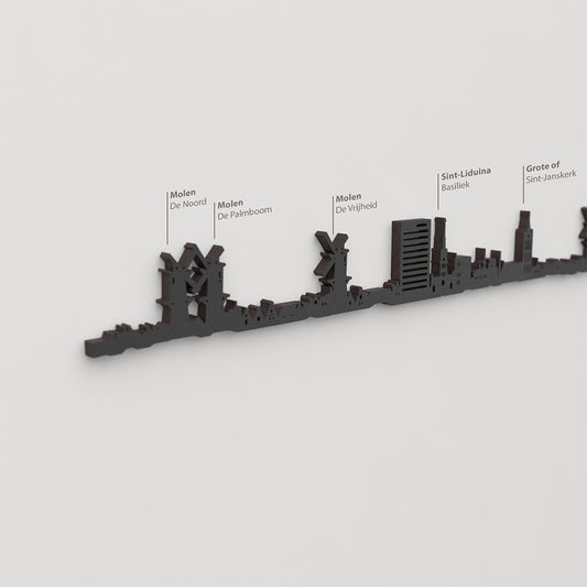 Skyline Schiedam – detalle de Molen De Noord en madera negra.