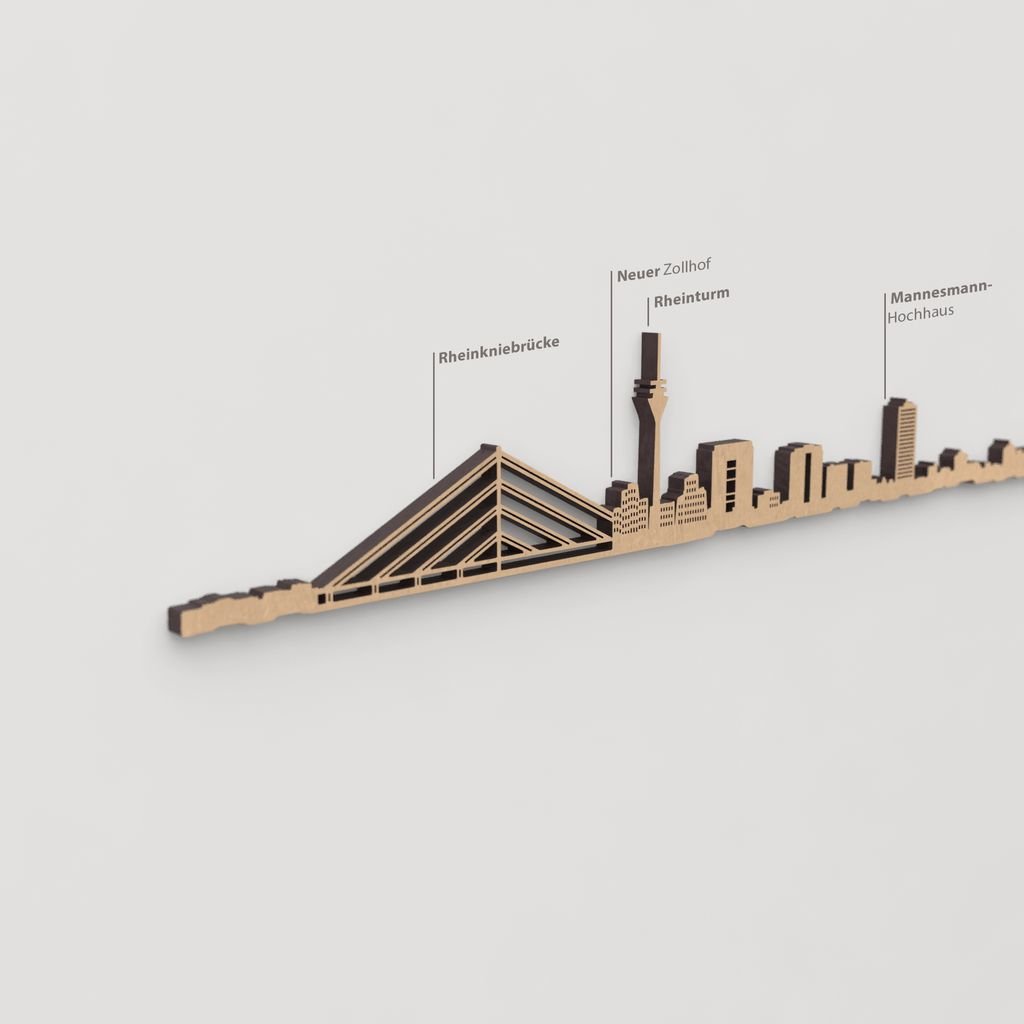 Skyline Dusseldorf – detalle de Neuer Zollhof en madera marrón.