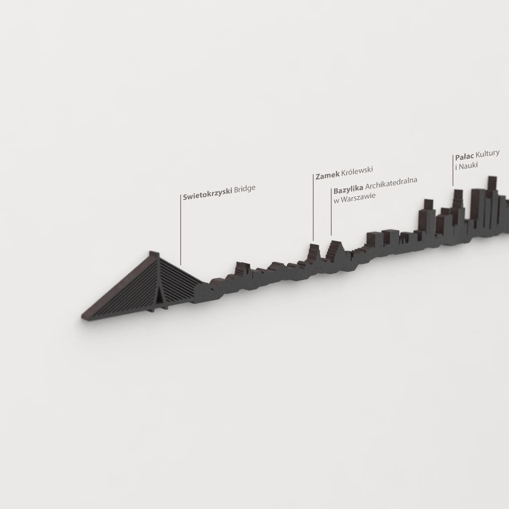 Detalle del Pałac Kultury i Nauki en la silueta de madera del skyline de Warszawa.