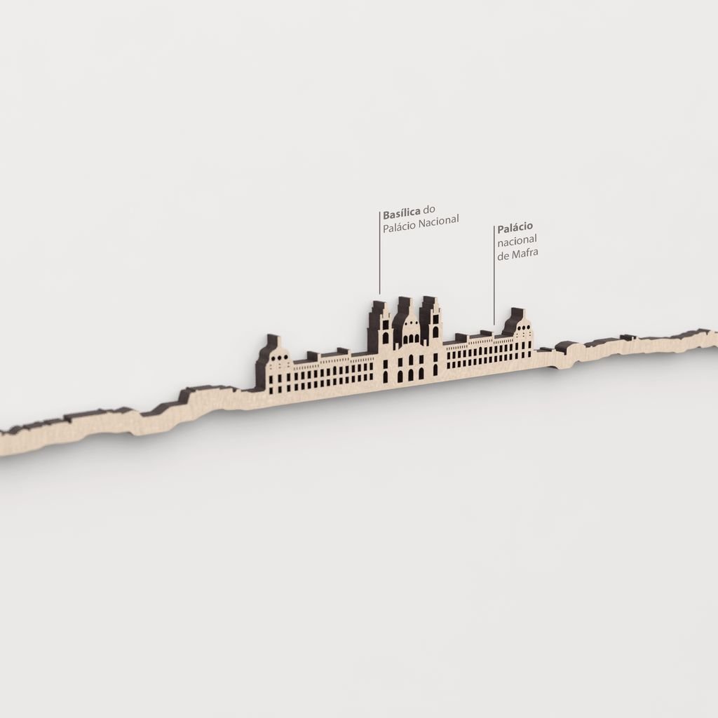Skyline Mafra – primer plano del Palácio Nacional de Mafra en madera natural.
