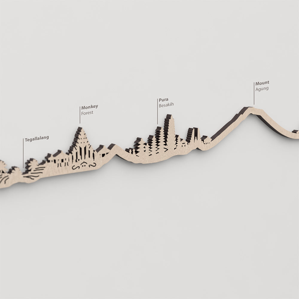Skyline Bali – primer plano de Pura Besakih en madera natural.