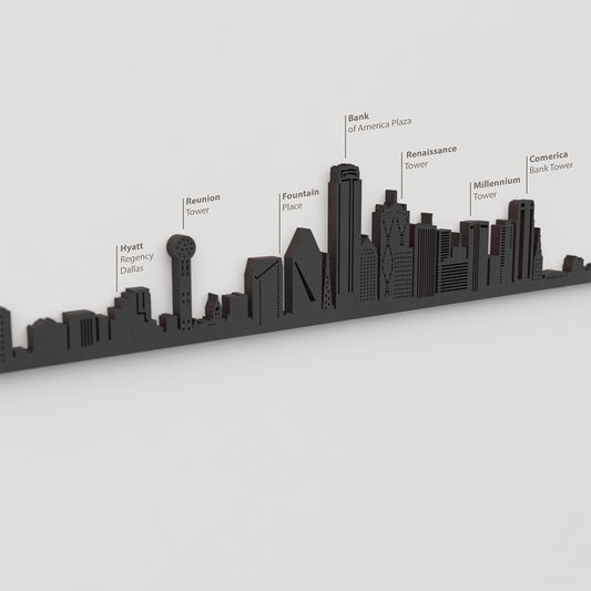 Skyline Dallas – detalle de Reunion Tower en madera negra.