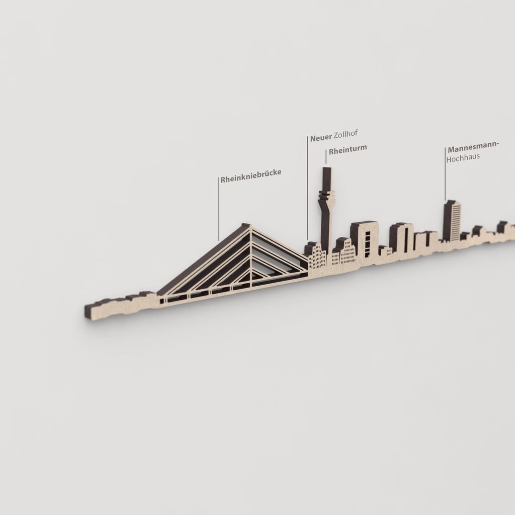 Skyline Dusseldorf – primer plano de Rheinkniebrücke en madera natural.