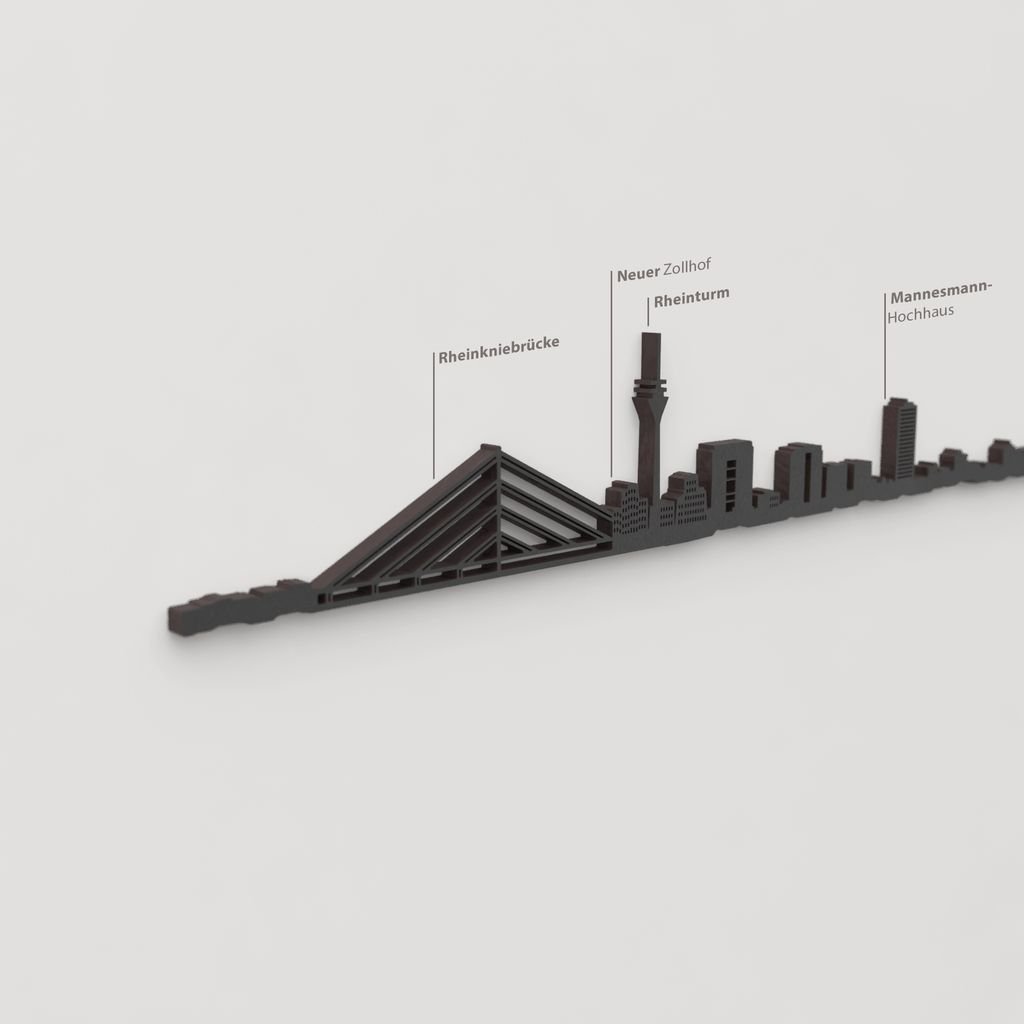 Skyline Dusseldorf – detalle del Rheinturm en madera negra.