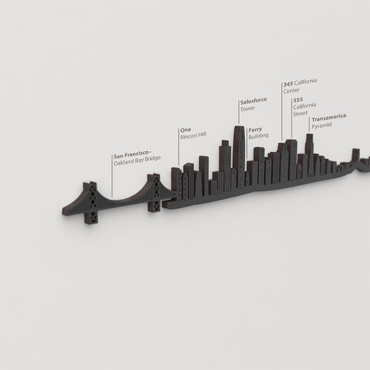 Skyline San Francisco – detalle de San Francisco–Oakland Bay Bridge en madera negra.