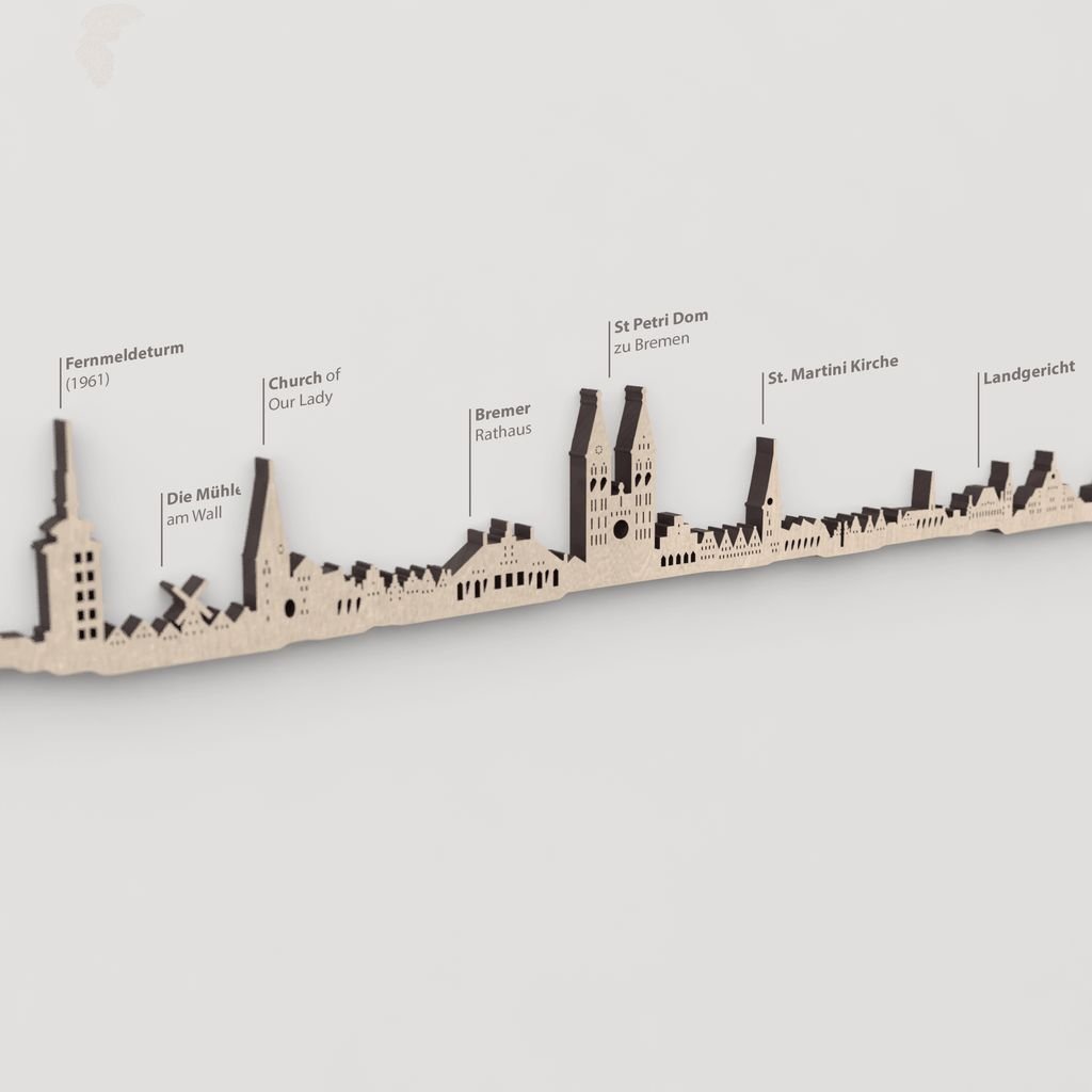 Primer plano del St Petri Dom zu Bremen en la silueta de madera de Bremen.