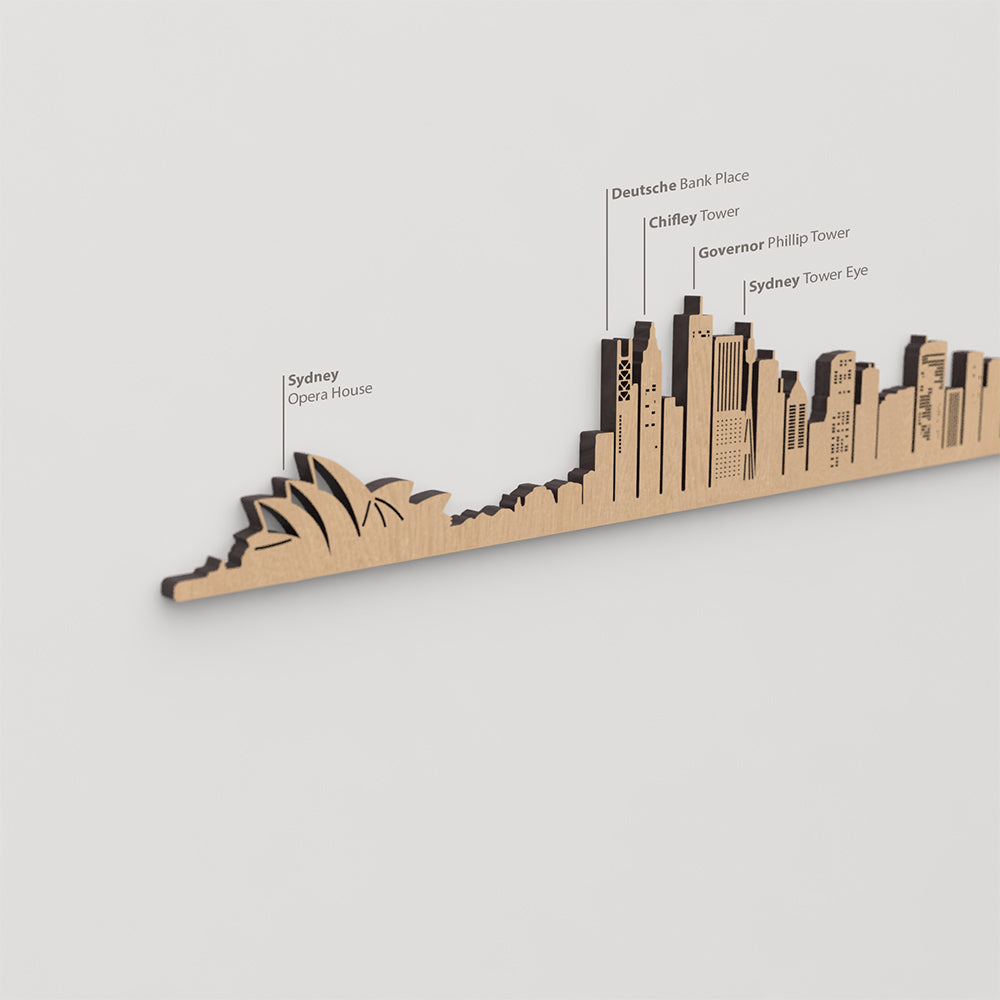Skyline Sidney – detalle de Sydney Tower Eye en madera marrón.