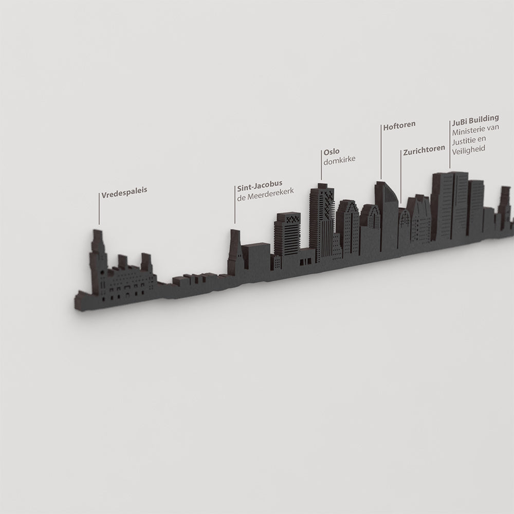 Skyline La Haya – detalle de Vredespaleis en madera negra.