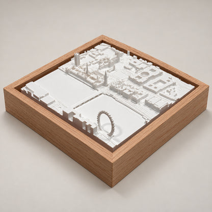 London Cityscape: maqueta 3D de Westminster, Big Ben y London Eye en vista axonométrica, con marco de madera
