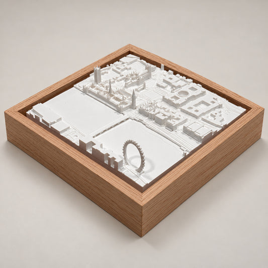 London Cityscape: maqueta 3D de Westminster, Big Ben y London Eye en vista axonométrica, con marco de madera
