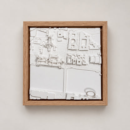 London Cityscape: vista cenital de la maqueta 3D de Westminster y el Támesis con marco de madera