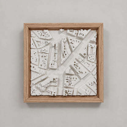 Madrid Cityscape Callao y Gran Vía: vista cenital de la maqueta 3D con marco de madera