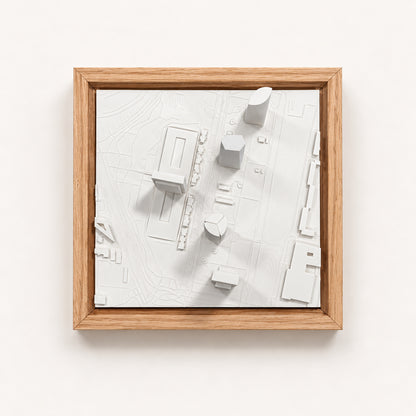 Madrid Cityscape Cuatro Torres: vista cenital de la maqueta 3D con marco de madera
