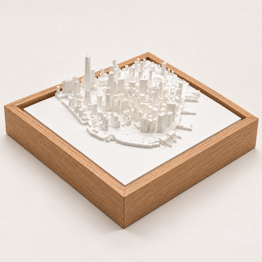 New York Cityscape: maqueta 3D de Lower Manhattan en vista axonométrica principal, con marco de madera