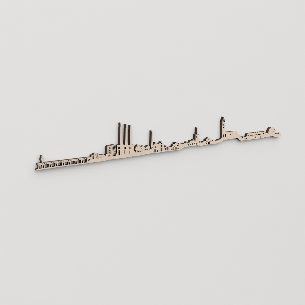 Regalo original: silueta skyline Badalona en madera natural.