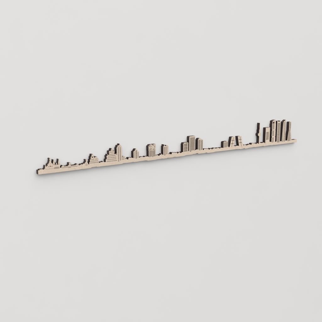 Regalo original: silueta skyline Madrid en madera natural.