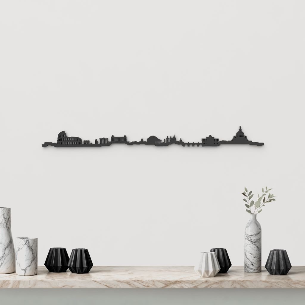 Silueta skyline de Roma en madera color negro para decoración mural.