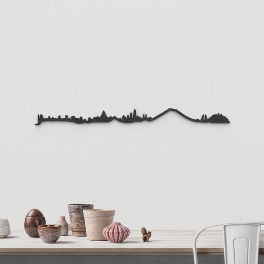 Skyline Bali de madera negra, silueta decorativa de pared.
