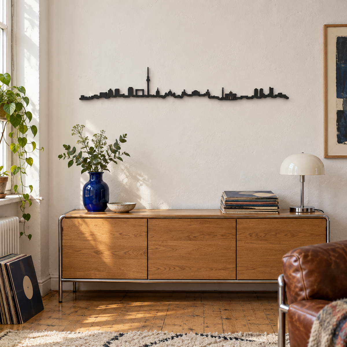 Skyline de Berlín en madera negra sobre un aparador con discos de vinilo, una lámpara blanca y un jarrón azul.