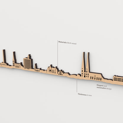 Detalle del skyline de Bielefeld en acabado marrón, con indicaciones de madera de abedul y grosor de 6 mm.
