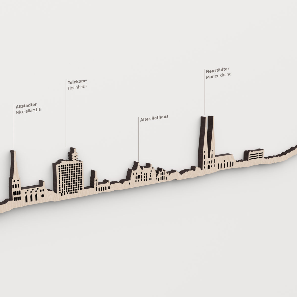 Skyline de Bielefeld en acabado natural con nombres de Altstädter Nicolaikirche, Telekom- Hochhaus, Altes Rathaus, Neustädter Marienkirche.