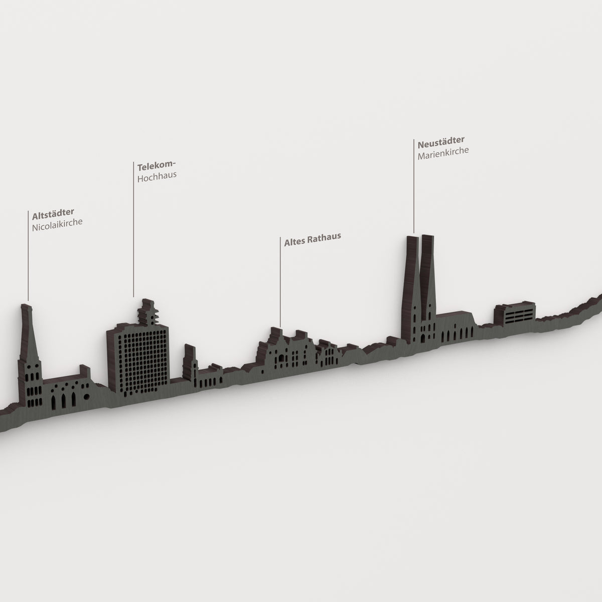 Skyline de Bielefeld en acabado negro con nombres de Altstädter Nicolaikirche, Telekom- Hochhaus, Altes Rathaus, Neustädter Marienkirche.