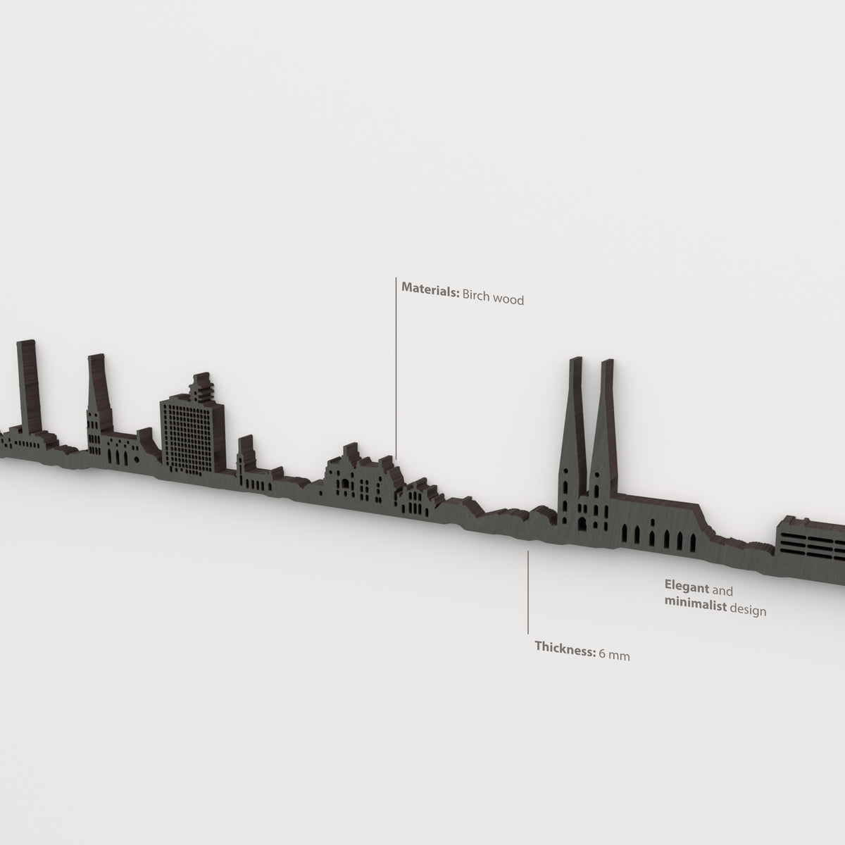 Detalle del skyline de Bielefeld en acabado negro, con indicaciones de madera de abedul y grosor de 6 mm.
